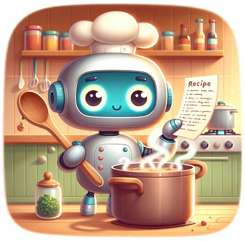 Cooki the Cook KI als süßer, kochender Roboter dargestellt